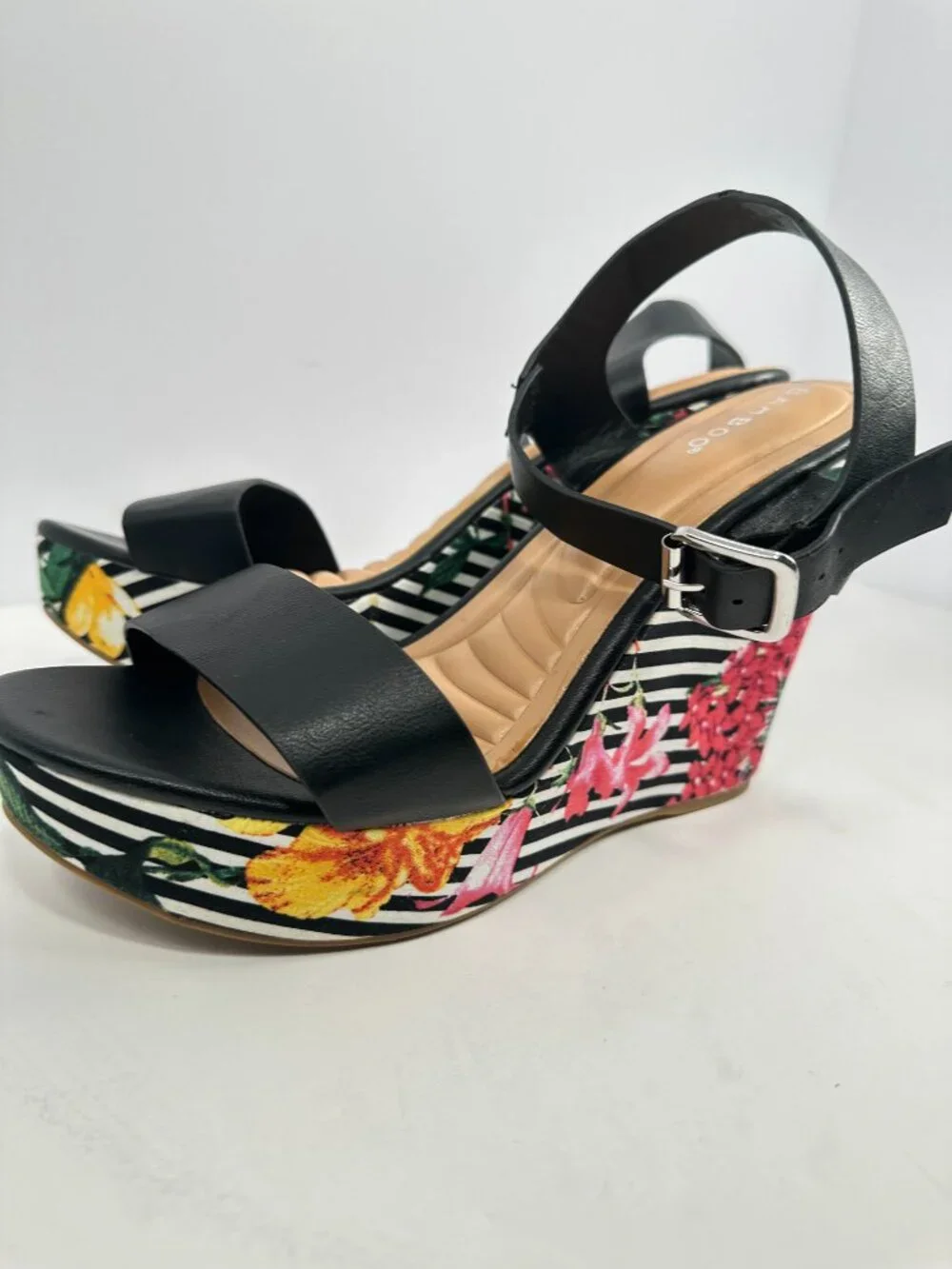 Bamboo Black/Colorful Flowers Platform Heels